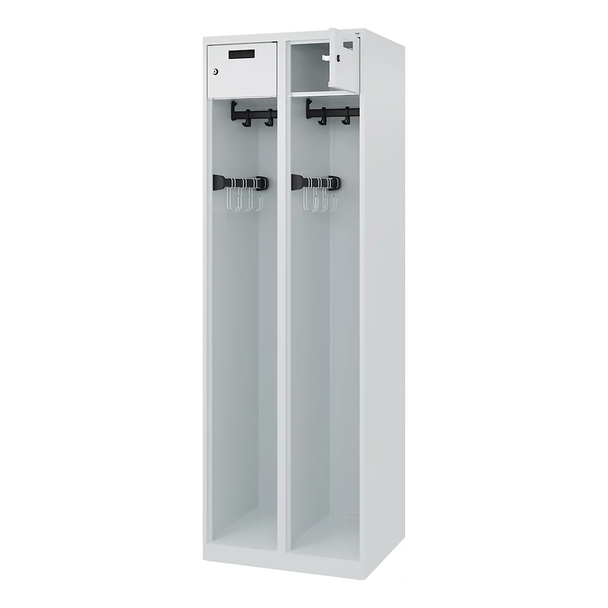 Feuerwehrspind C+P Evolo PRAKTUS, 2 Abteile, mit Sockel, Bodengleiter, B 600 x T 500 x H 1850 mm, RAL 7035 Lichtgrau