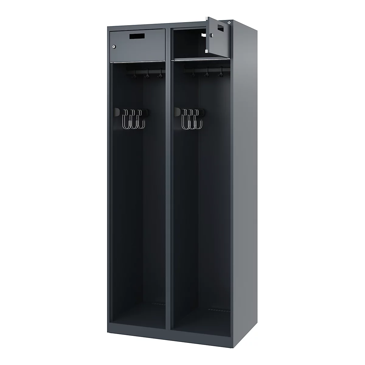 Feuerwehrspind C+P Evolo PRAKTUS, 2 Abteile, mit Sockel, Bodengleiter, B 800 x T 500 x H 1850 mm, RAL 7016 Anthrazitgrau