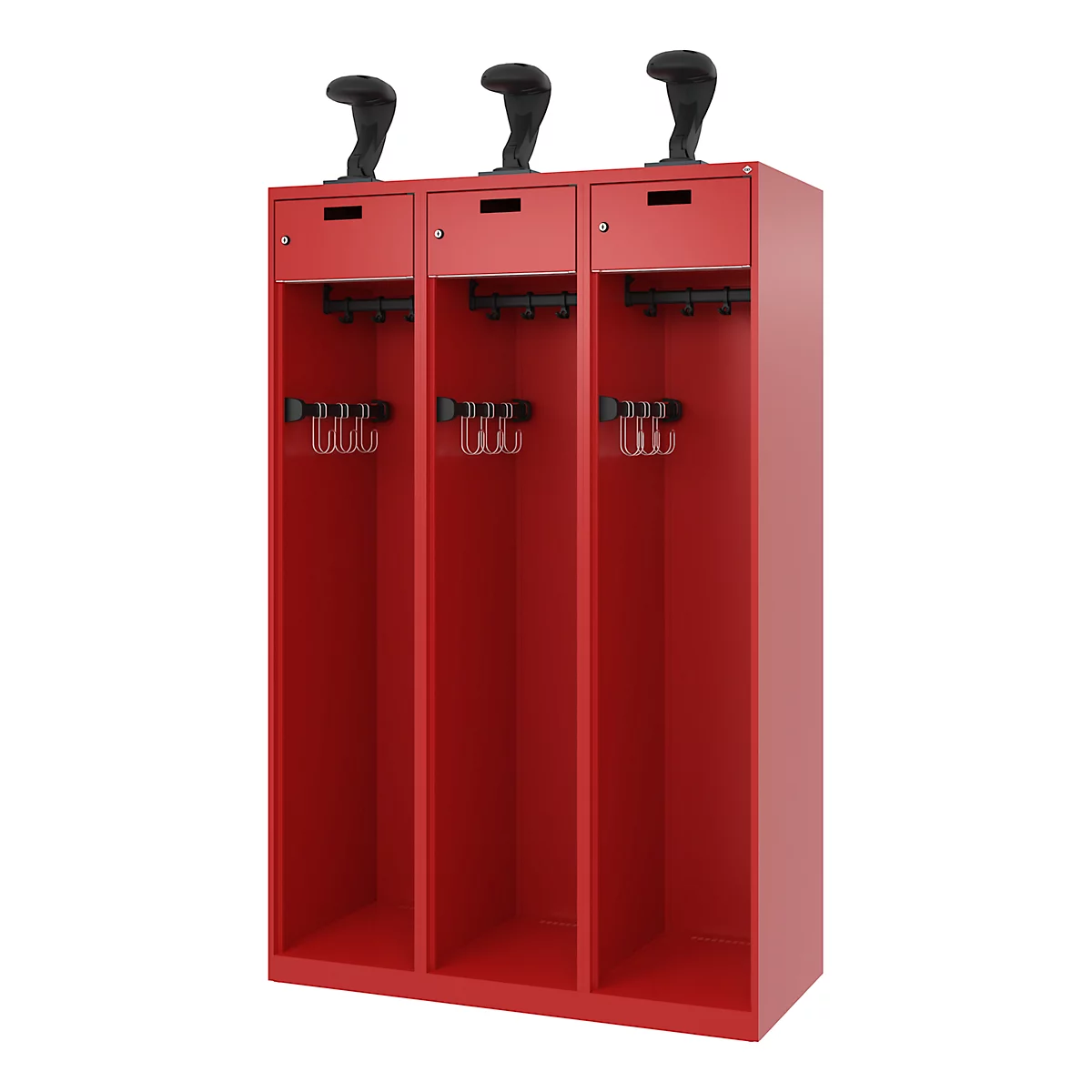 Feuerwehrspind C+P Evolo PRAKTUS, 3 Abteile, Helmhalter, mit Sockel, Bodengleiter, B 1200 x T 500 x H 1850 mm, RAL 3000 Feuerrot