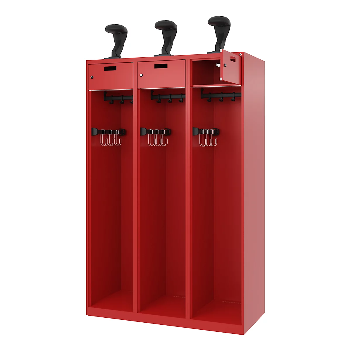 Feuerwehrspind C+P Evolo PRAKTUS, 3 Abteile, Helmhalter, mit Sockel, Bodengleiter, B 1200 x T 500 x H 1850 mm, RAL 3000 Feuerrot