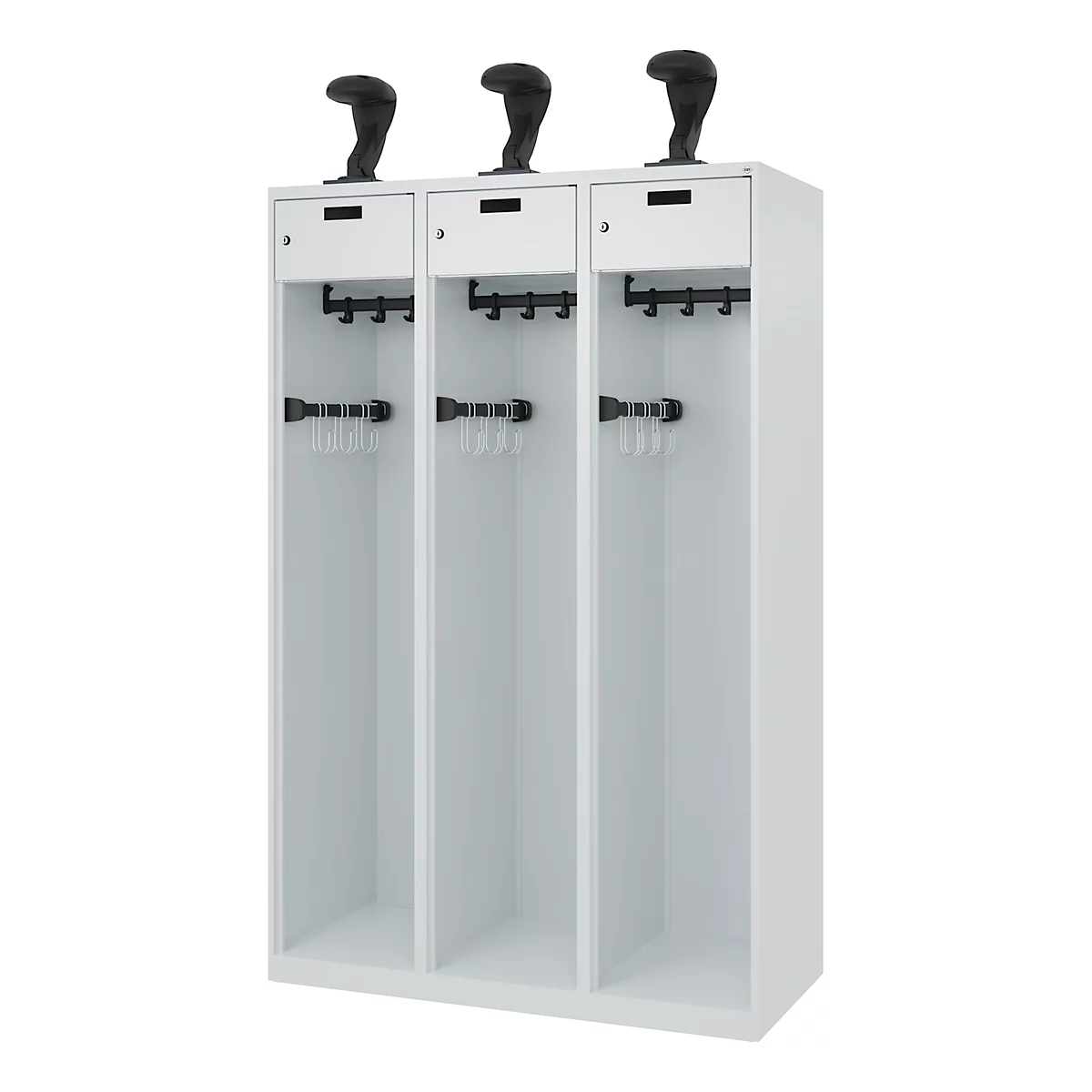 Feuerwehrspind C+P Evolo PRAKTUS, 3 Abteile, Helmhalter, mit Sockel, Bodengleiter, B 1200 x T 500 x H 1850 mm, RAL 7035 Lichtgrau