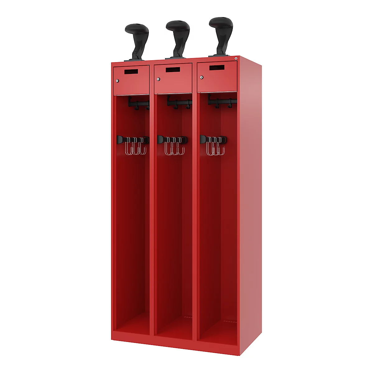 Feuerwehrspind C+P Evolo PRAKTUS, 3 Abteile, Helmhalter, mit Sockel, Bodengleiter, B 900 x T 500 x H 1850 mm, RAL 3000 Feuerrot
