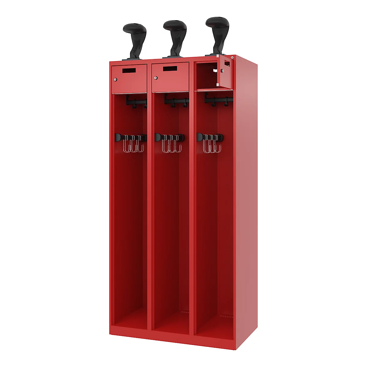 Feuerwehrspind C+P Evolo PRAKTUS, 3 Abteile, Helmhalter, mit Sockel, Bodengleiter, B 900 x T 500 x H 1850 mm, RAL 3000 Feuerrot