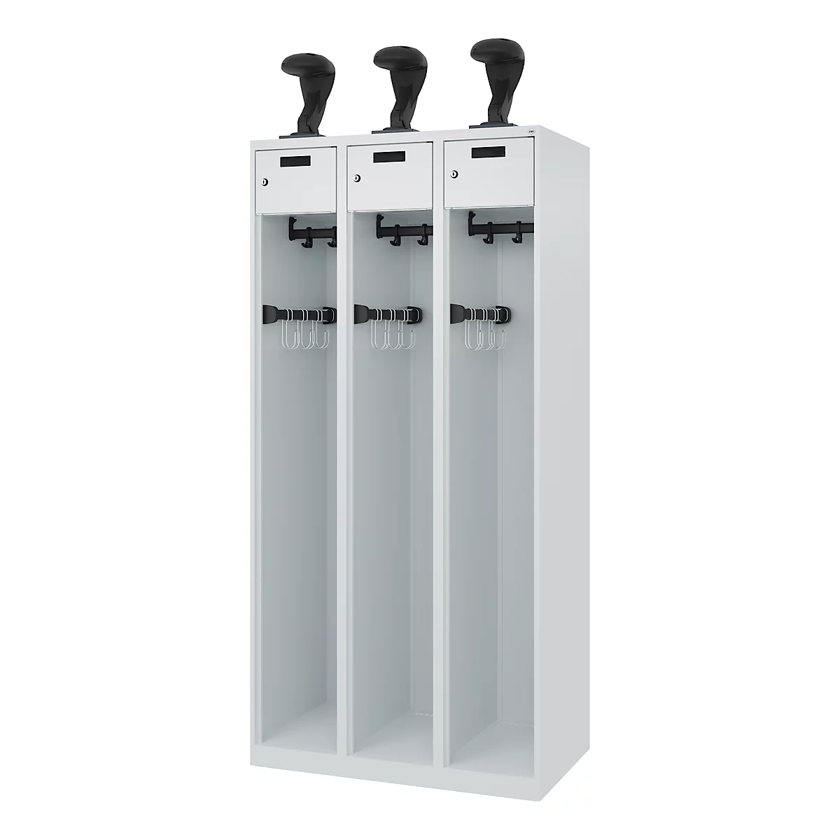 Feuerwehrspind C+P Evolo PRAKTUS, 3 Abteile, Helmhalter, mit Sockel, Bodengleiter, B 900 x T 500 x H 1850 mm, RAL 7035 Lichtgrau