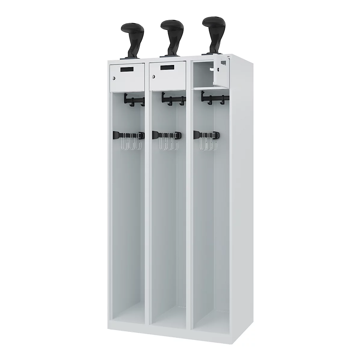 Feuerwehrspind C+P Evolo PRAKTUS, 3 Abteile, Helmhalter, mit Sockel, Bodengleiter, B 900 x T 500 x H 1850 mm, RAL 7035 Lichtgrau
