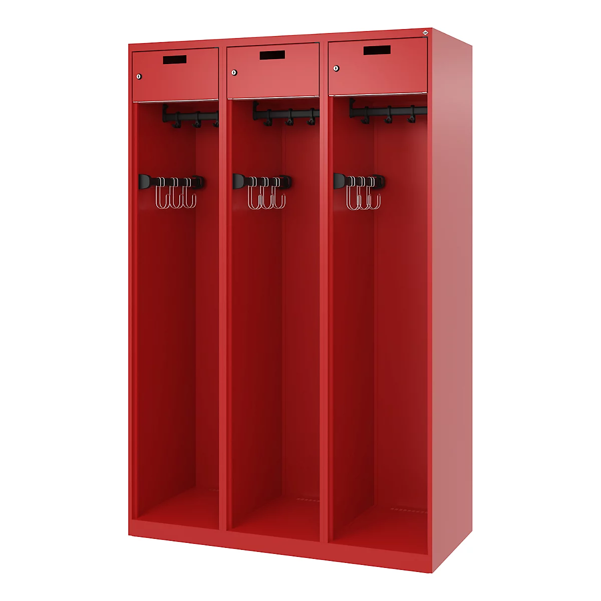 Feuerwehrspind C+P Evolo PRAKTUS, 3 Abteile, mit Sockel, Bodengleiter, B 1200 x T 500 x H 1850 mm, RAL 3000 Feuerrot