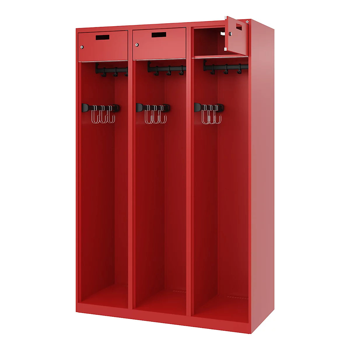 Feuerwehrspind C+P Evolo PRAKTUS, 3 Abteile, mit Sockel, Bodengleiter, B 1200 x T 500 x H 1850 mm, RAL 3000 Feuerrot