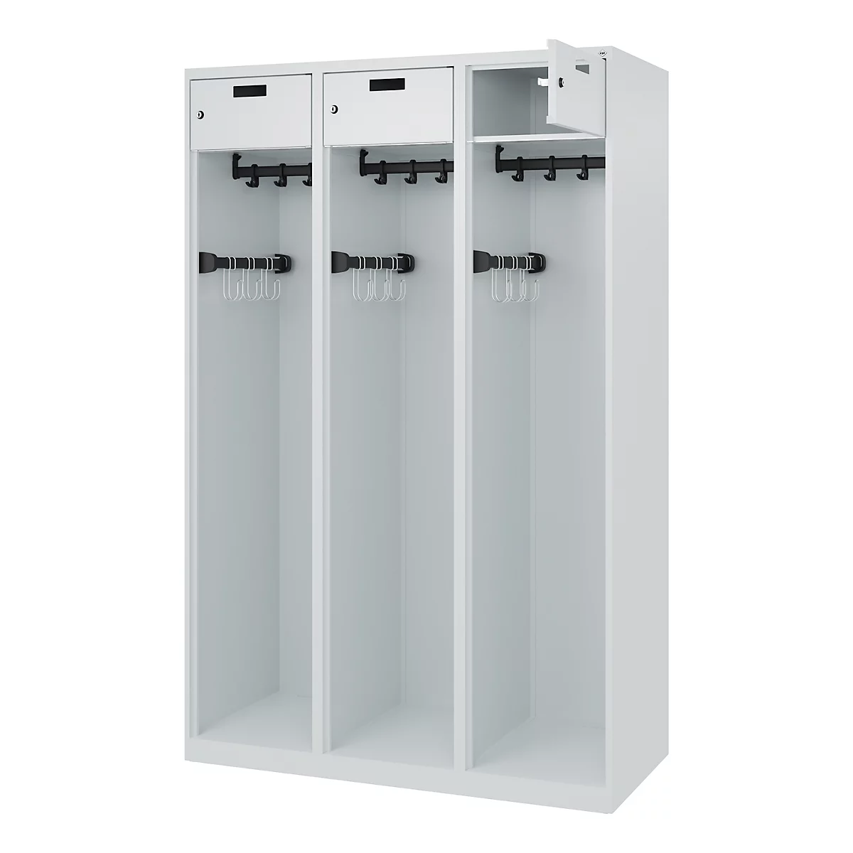 Feuerwehrspind C+P Evolo PRAKTUS, 3 Abteile, mit Sockel, Bodengleiter, B 1200 x T 500 x H 1850 mm, RAL 7035 Lichtgrau