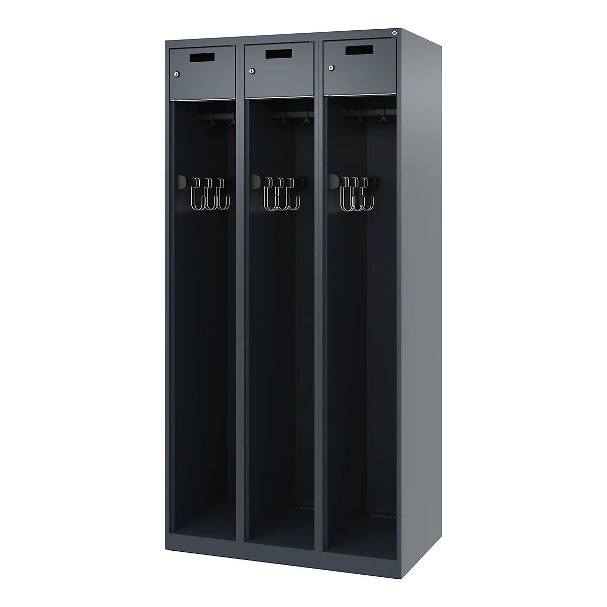 Feuerwehrspind C+P Evolo PRAKTUS, 3 Abteile, mit Sockel, Bodengleiter, B 900 x T 500 x H 1850 mm, RAL 7016 Anthrazitgrau