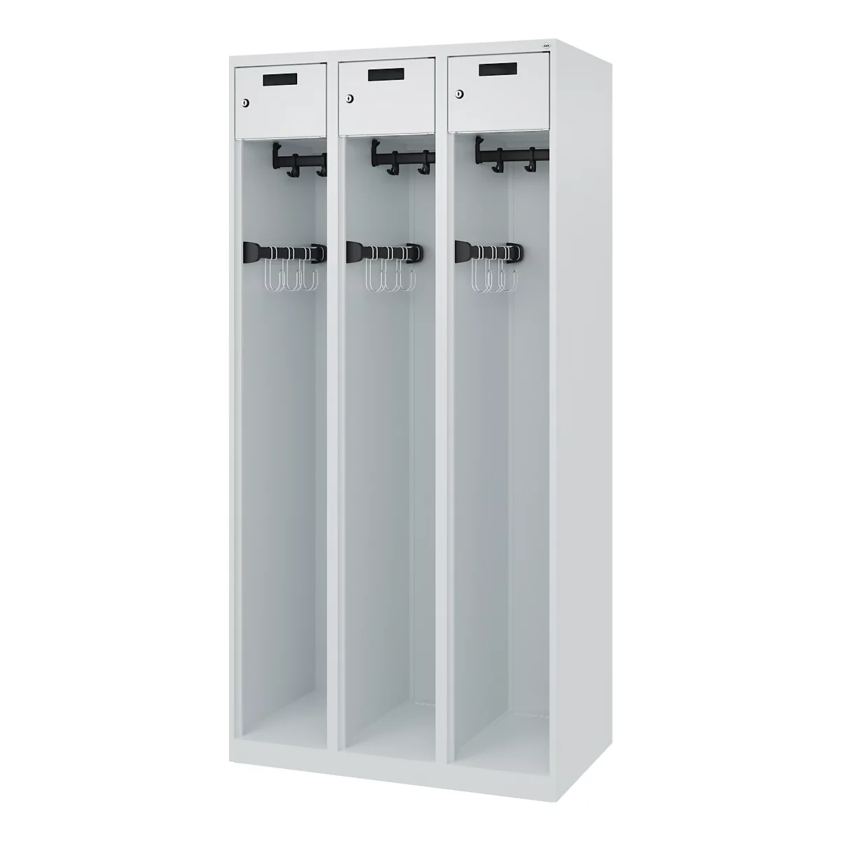 Feuerwehrspind C+P Evolo PRAKTUS, 3 Abteile, mit Sockel, Bodengleiter, B 900 x T 500 x H 1850 mm, RAL 7035 Lichtgrau