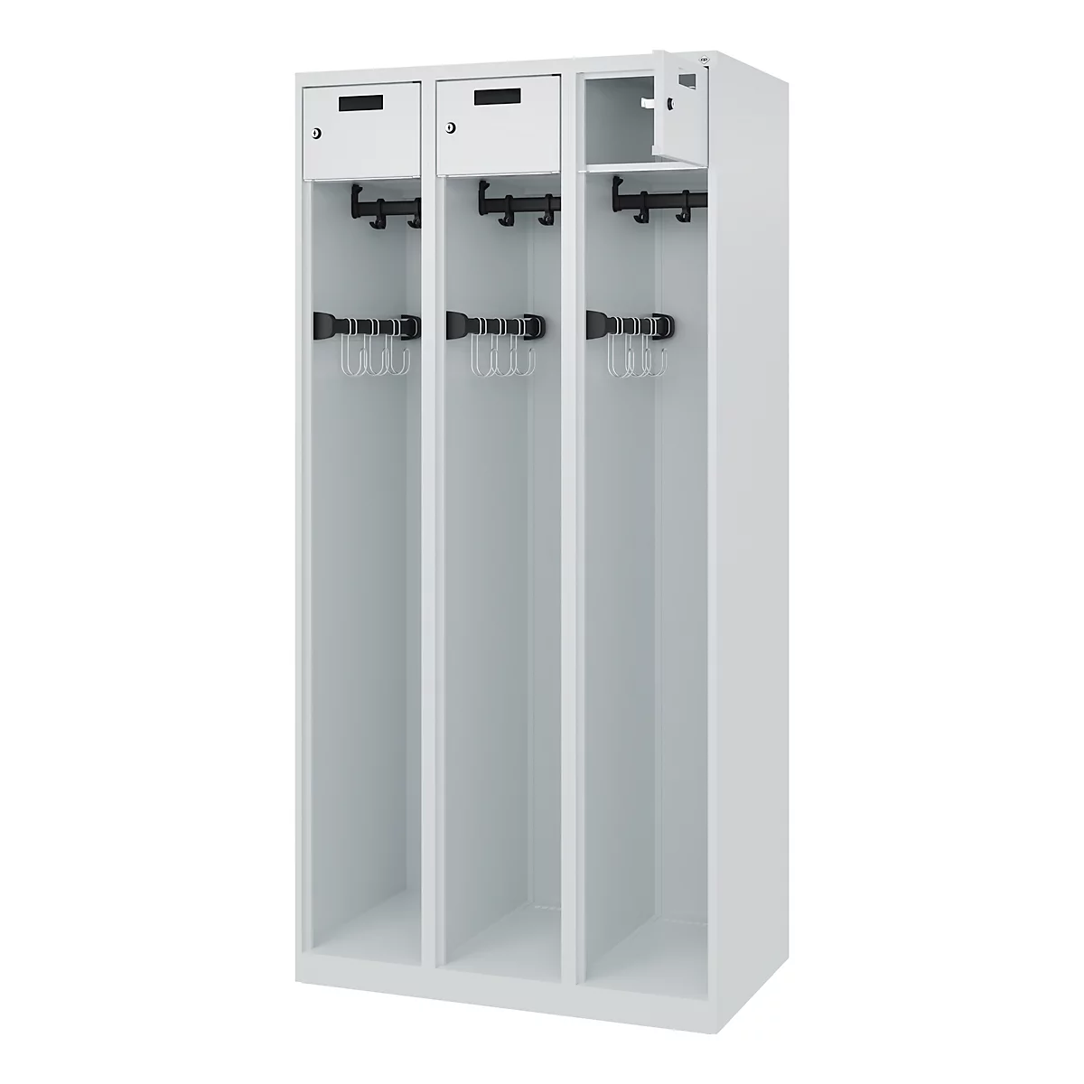 Feuerwehrspind C+P Evolo PRAKTUS, 3 Abteile, mit Sockel, Bodengleiter, B 900 x T 500 x H 1850 mm, RAL 7035 Lichtgrau