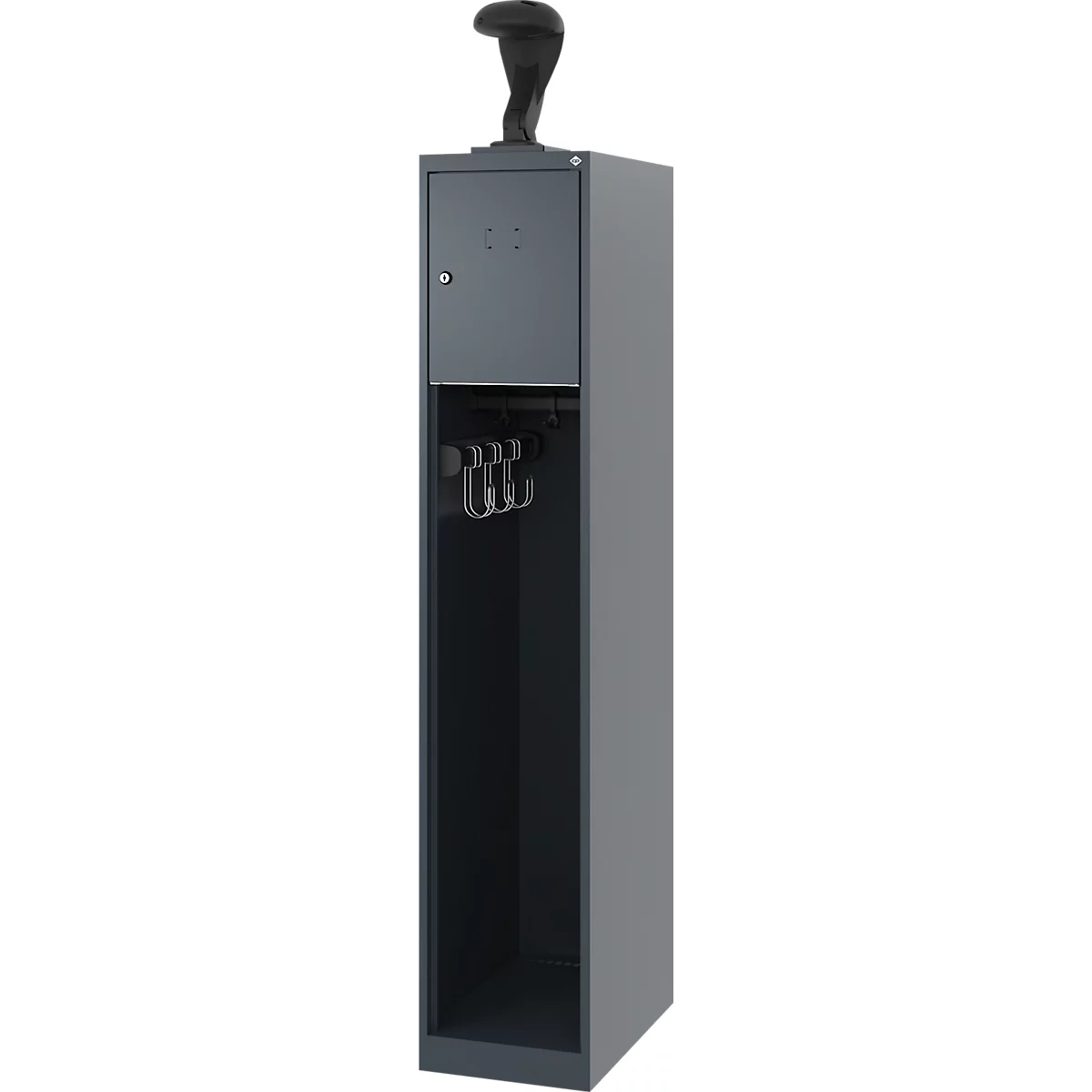 Feuerwehrspind C+P Evolo Youngster, 1 Abteil, mit Helmhalter, Bodengleiter, B 300 x T 500 x H 1530 mm, RAL 7016 Anthrazitgrau