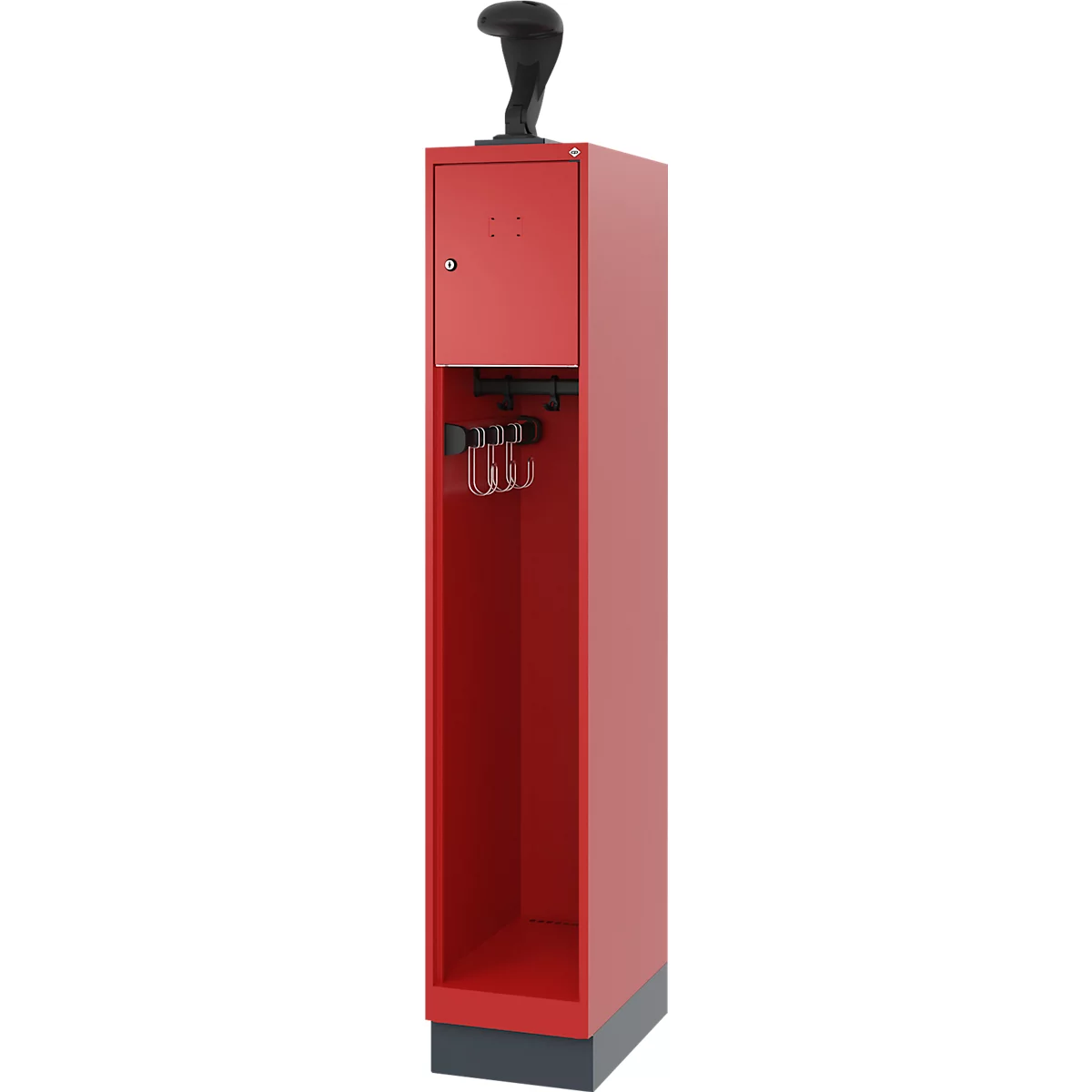Feuerwehrspind C+P Evolo Youngster, 1 Abteil, mit Helmhalter, mit Sockel, B 300 x T 500 x H 1630 mm, RAL 3000 Feuerrot/RAL 7016 Anthrazitgrau