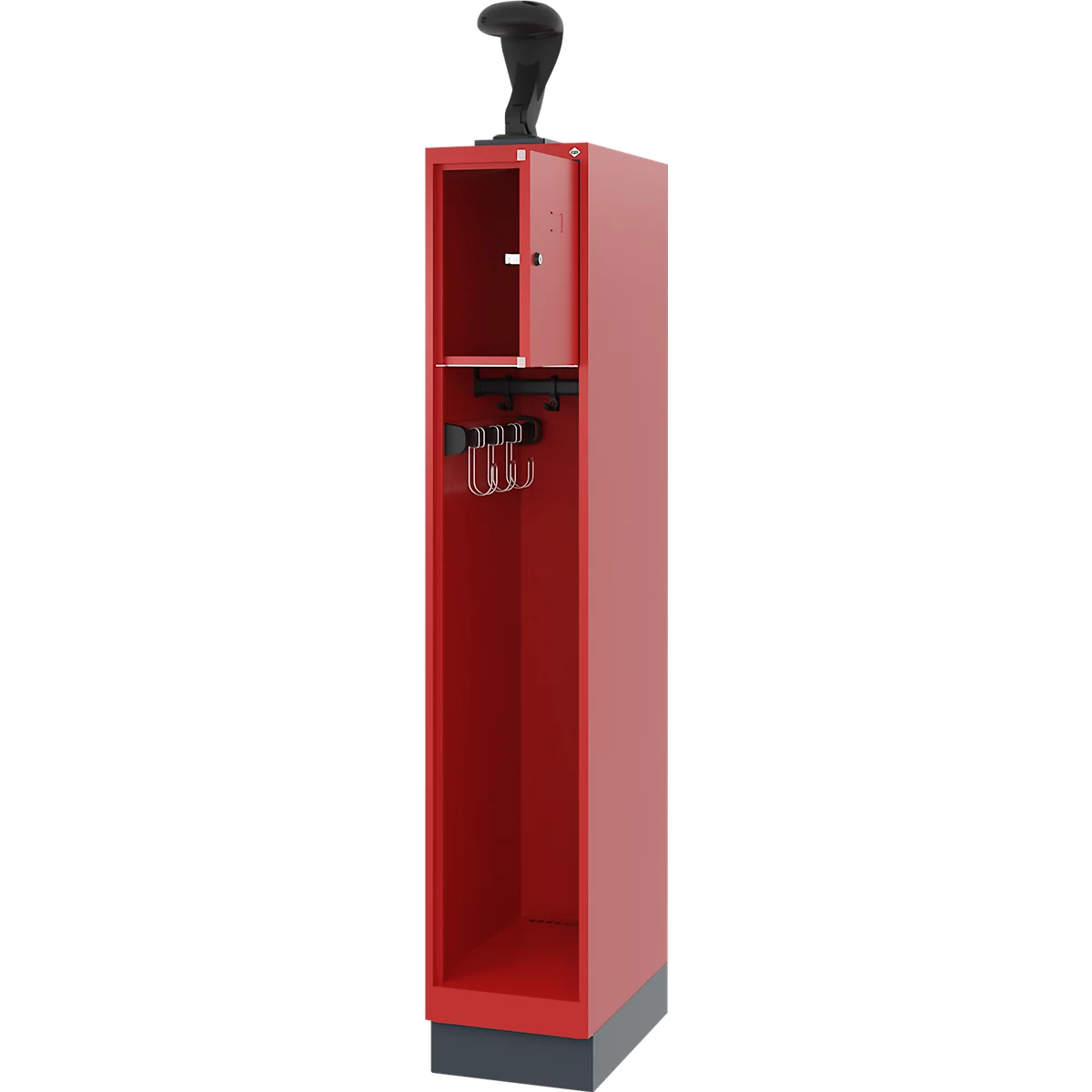 Feuerwehrspind C+P Evolo Youngster, 1 Abteil, mit Helmhalter, mit Sockel, B 300 x T 500 x H 1630 mm, RAL 3000 Feuerrot/RAL 7016 Anthrazitgrau