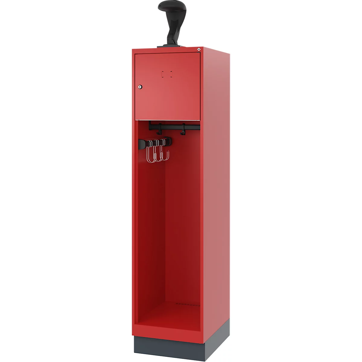 Feuerwehrspind C+P Evolo Youngster, 1 Abteil, mit Helmhalter, mit Sockel, B 400 x T 500 x H 1630 mm, RAL 3000 Feuerrot/RAL 7016 Anthrazitgrau