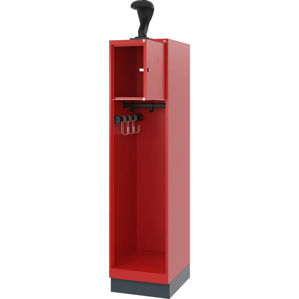 Feuerwehrspind C+P Evolo Youngster, 1 Abteil, mit Helmhalter, mit Sockel, B 400 x T 500 x H 1630 mm, RAL 3000 Feuerrot/RAL 7016 Anthrazitgrau