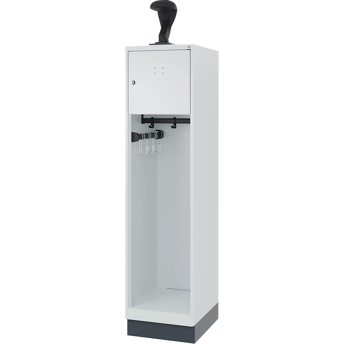 Feuerwehrspind C+P Evolo Youngster, 1 Abteil, mit Helmhalter, mit Sockel, B 400 x T 500 x H 1630 mm, RAL 7035 Lichtgrau/RAL 7016 Anthrazitgrau