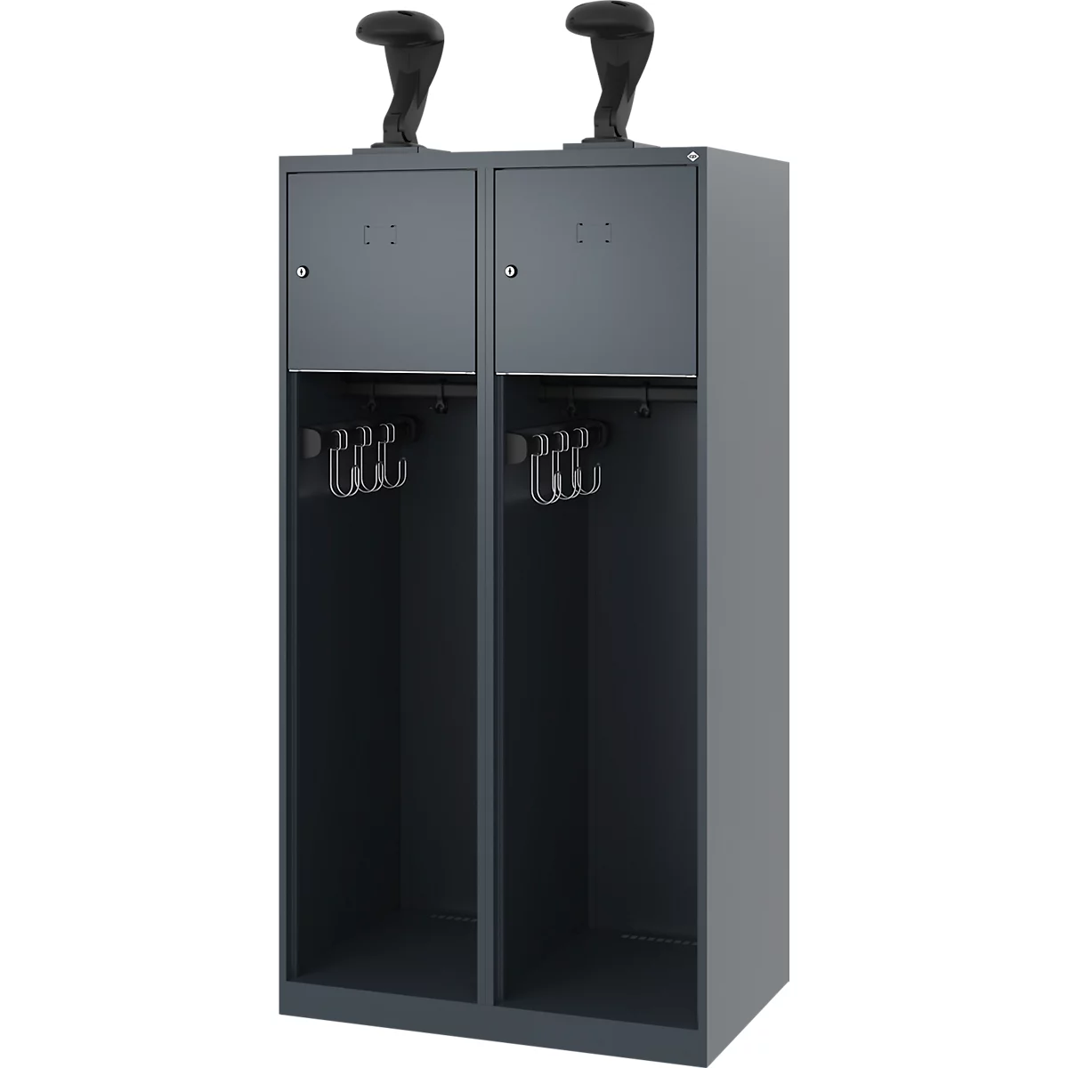 Feuerwehrspind C+P Evolo Youngster, 2 Abteile, mit Helmhalter, Bodengleiter, B 800 x T 500 x H 1530 mm, RAL 7016 Anthrazitgrau