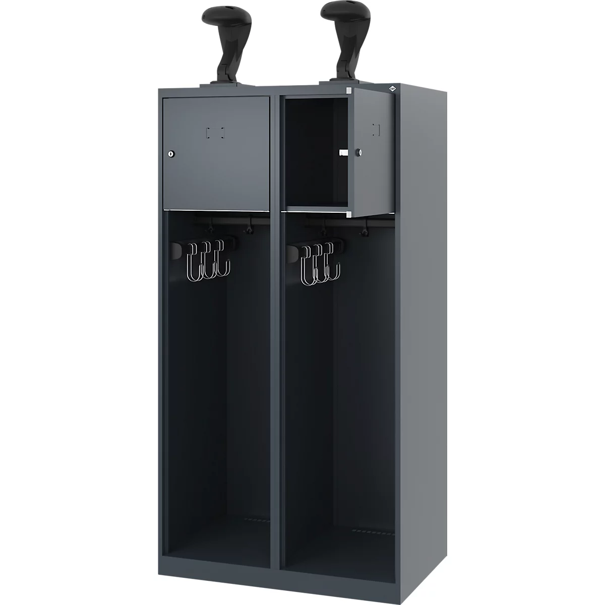 Feuerwehrspind C+P Evolo Youngster, 2 Abteile, mit Helmhalter, Bodengleiter, B 800 x T 500 x H 1530 mm, RAL 7016 Anthrazitgrau