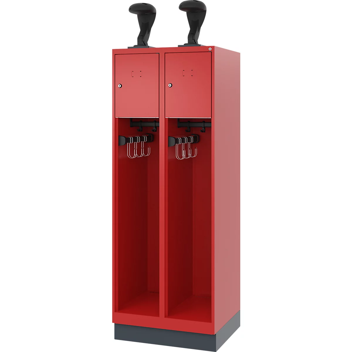 Feuerwehrspind C+P Evolo Youngster, 2 Abteile, mit Helmhalter, mit Sockel, B 600 x T 500 x H 1630 mm, RAL 3000 Feuerrot/RAL 7016 Anthrazitgrau