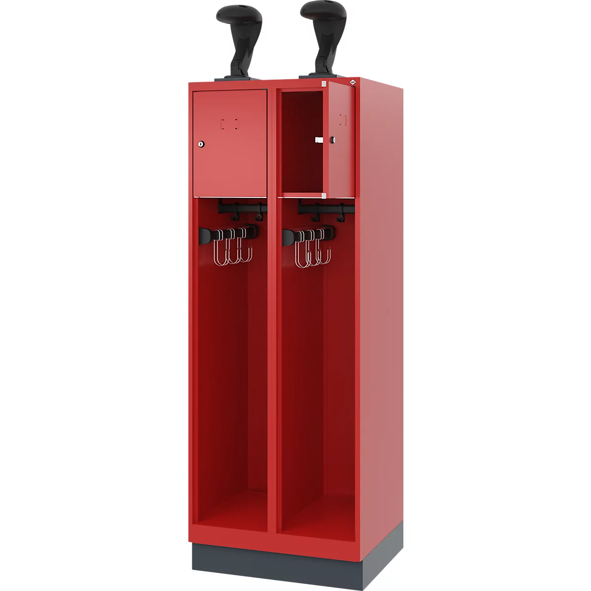 Feuerwehrspind C+P Evolo Youngster, 2 Abteile, mit Helmhalter, mit Sockel, B 600 x T 500 x H 1630 mm, RAL 3000 Feuerrot/RAL 7016 Anthrazitgrau