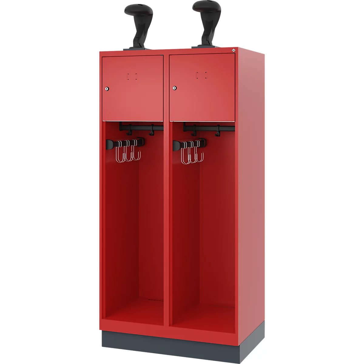 Feuerwehrspind C+P Evolo Youngster, 2 Abteile, mit Helmhalter, mit Sockel, B 800 x T 500 x H 1630 mm, RAL 3000 Feuerrot/RAL 7016 Anthrazitgrau