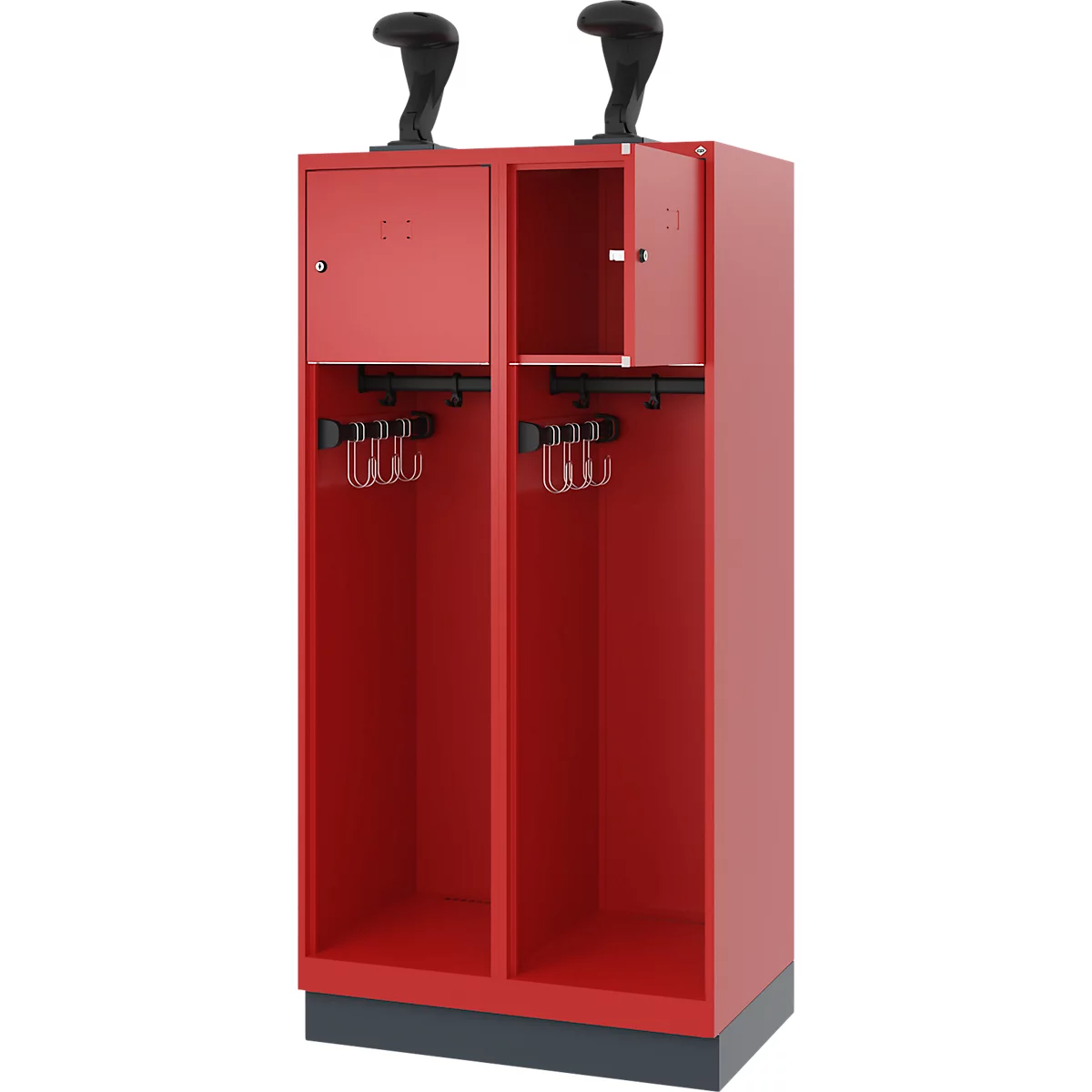 Feuerwehrspind C+P Evolo Youngster, 2 Abteile, mit Helmhalter, mit Sockel, B 800 x T 500 x H 1630 mm, RAL 3000 Feuerrot/RAL 7016 Anthrazitgrau
