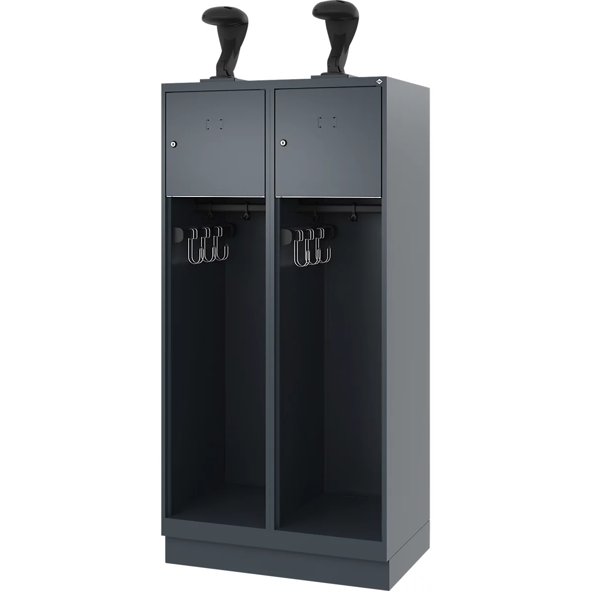 Feuerwehrspind C+P Evolo Youngster, 2 Abteile, mit Helmhalter, mit Sockel, B 800 x T 500 x H 1630 mm, RAL 7016 Anthrazitgrau