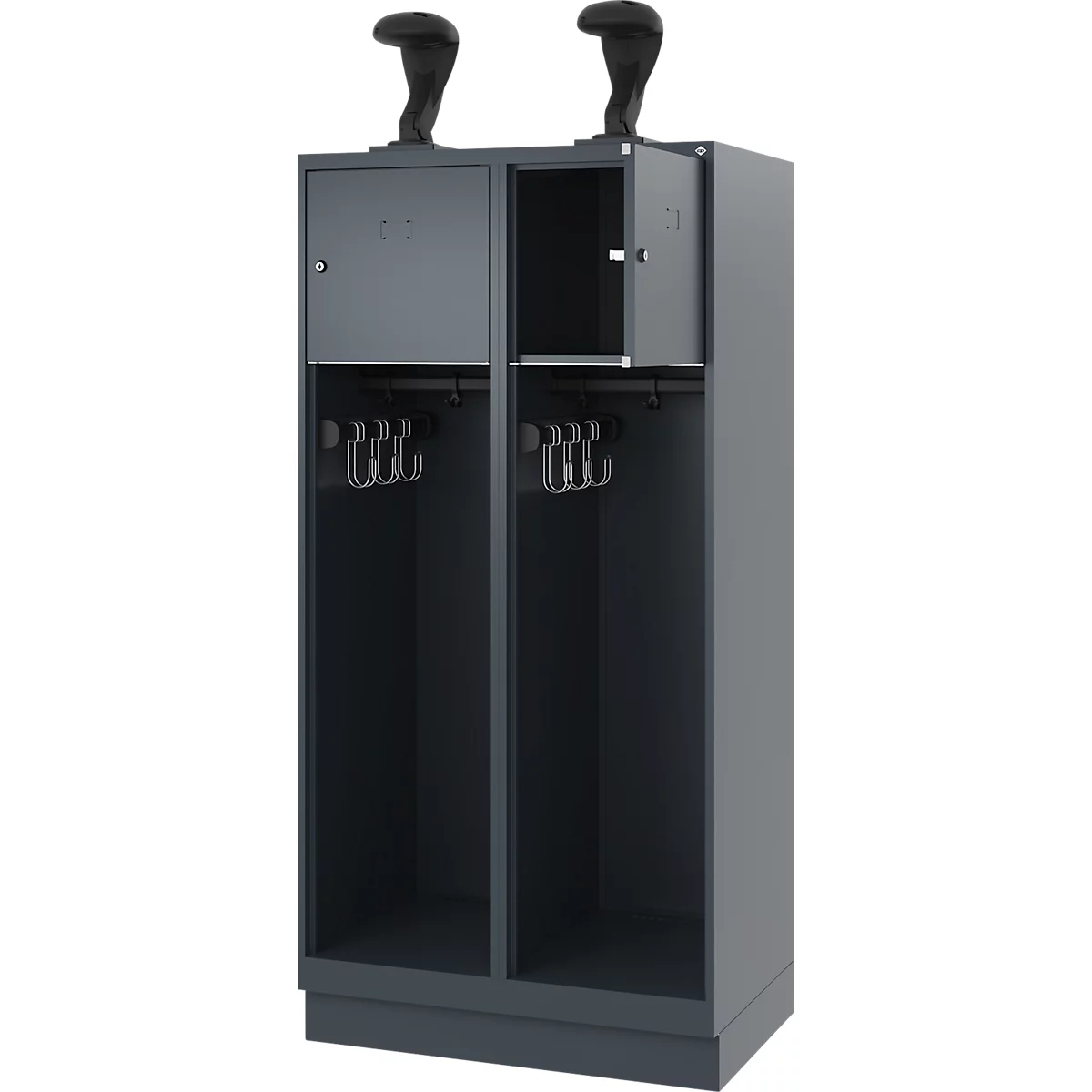 Feuerwehrspind C+P Evolo Youngster, 2 Abteile, mit Helmhalter, mit Sockel, B 800 x T 500 x H 1630 mm, RAL 7016 Anthrazitgrau