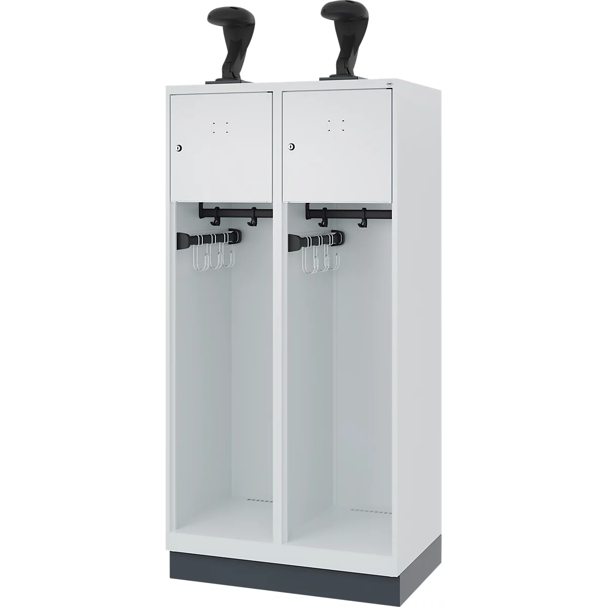 Feuerwehrspind C+P Evolo Youngster, 2 Abteile, mit Helmhalter, mit Sockel, B 800 x T 500 x H 1630 mm, RAL 7035 Lichtgrau/RAL 7016 Anthrazitgrau