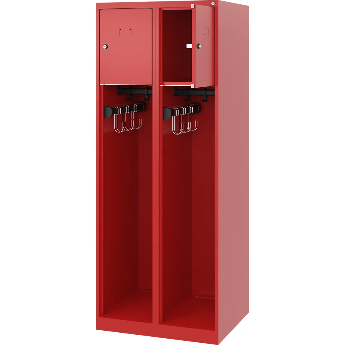 Feuerwehrspind C+P Evolo Youngster, 2 Abteile, ohne Helmhalter, Bodengleiter, B 600 x T 500 x H 1530 mm, RAL 3000 Feuerrot