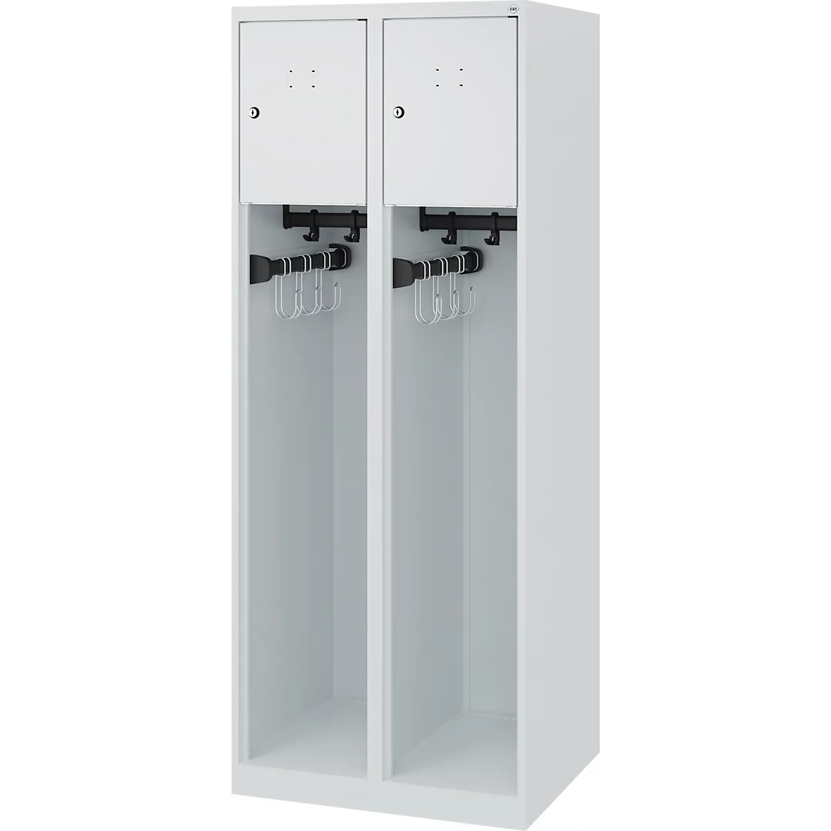 Feuerwehrspind C+P Evolo Youngster, 2 Abteile, ohne Helmhalter, Bodengleiter, B 600 x T 500 x H 1530 mm, RAL 7035 Lichtgrau