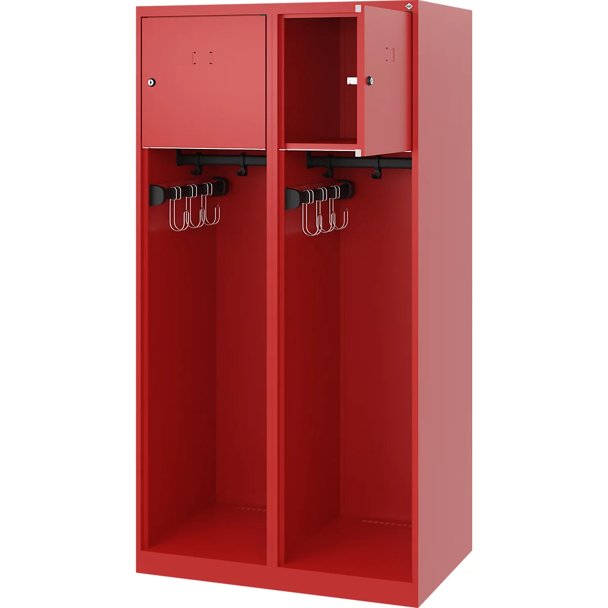 Feuerwehrspind C+P Evolo Youngster, 2 Abteile, ohne Helmhalter, Bodengleiter, B 800 x T 500 x H 1530 mm, RAL 3000 Feuerrot