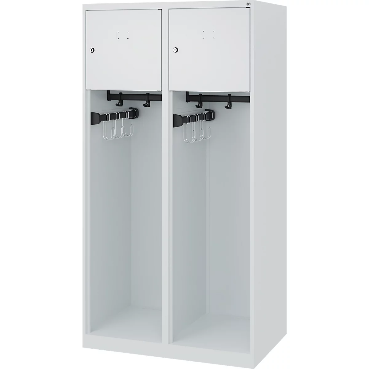 Feuerwehrspind C+P Evolo Youngster, 2 Abteile, ohne Helmhalter, Bodengleiter, B 800 x T 500 x H 1530 mm, RAL 7035 Lichtgrau