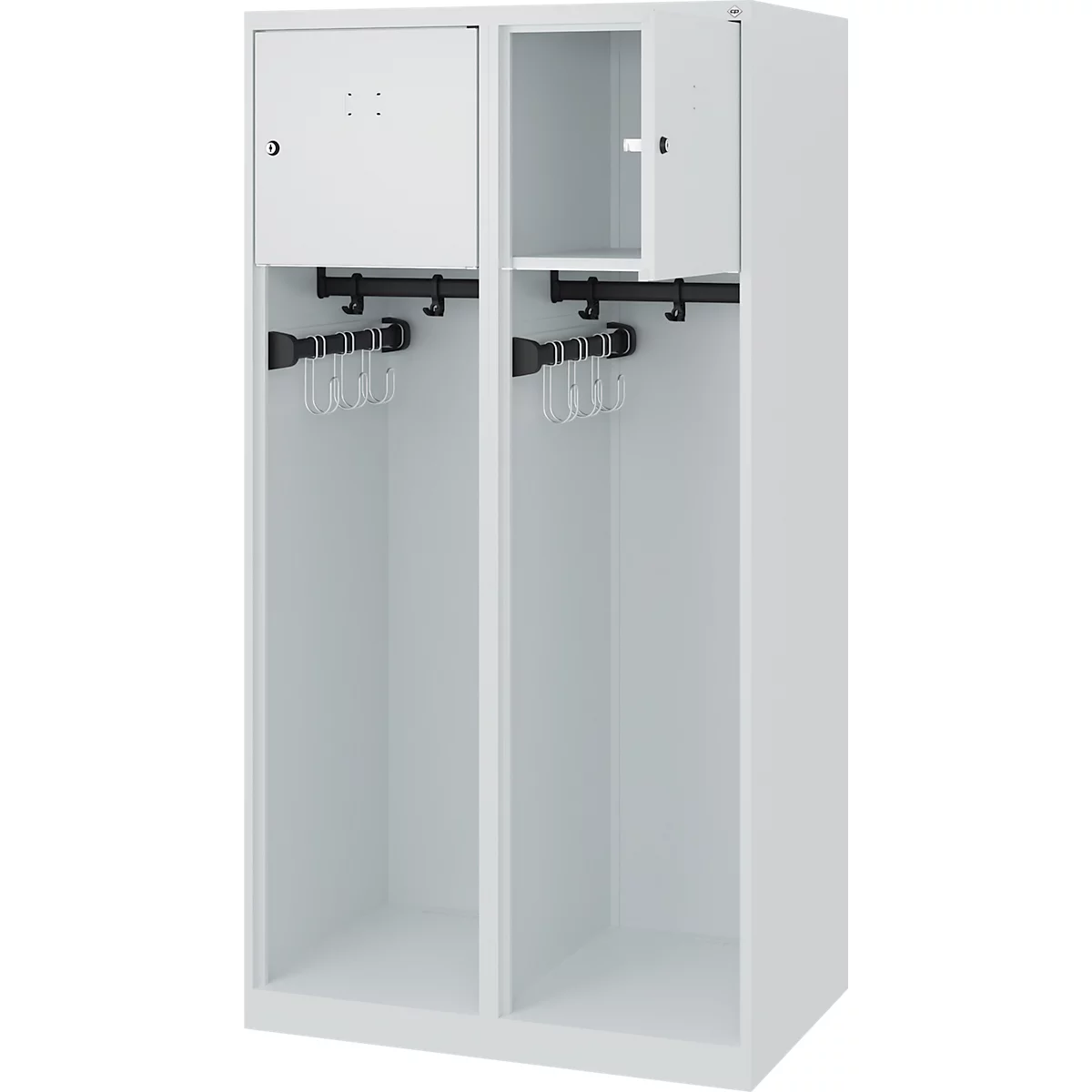 Feuerwehrspind C+P Evolo Youngster, 2 Abteile, ohne Helmhalter, Bodengleiter, B 800 x T 500 x H 1530 mm, RAL 7035 Lichtgrau