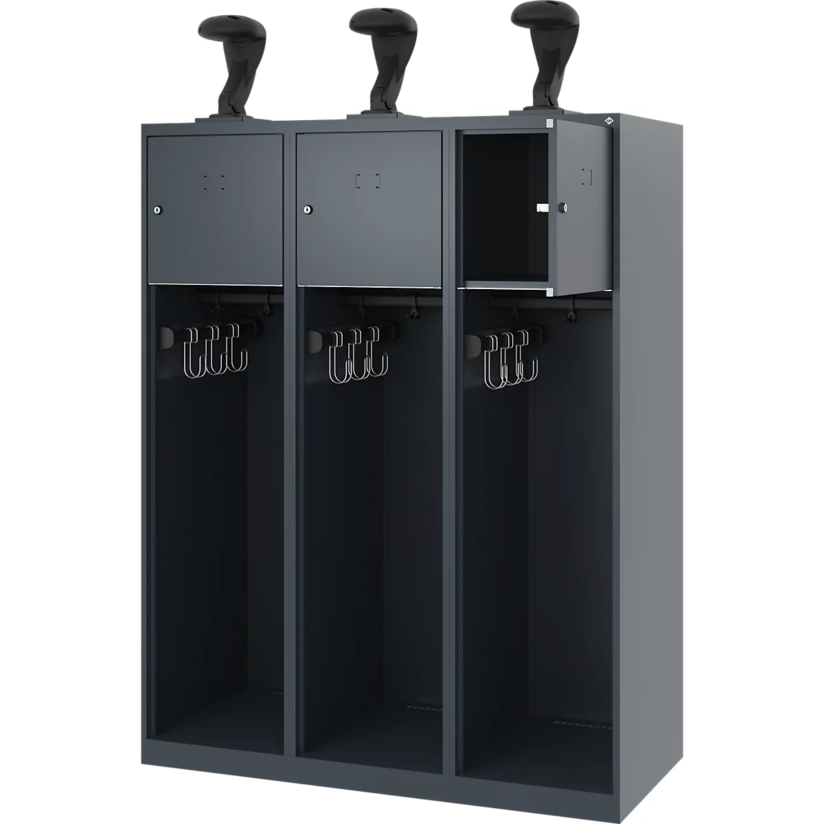 Feuerwehrspind C+P Evolo Youngster, 3 Abteile, mit Helmhalter, Bodengleiter, B 1200 x T 500 x H 1530 mm, RAL 7016 Anthrazitgrau