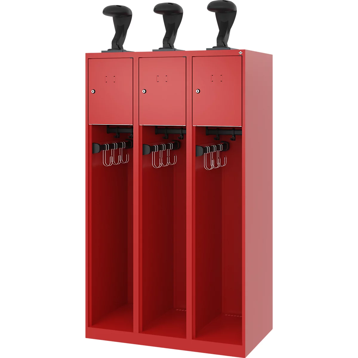 Feuerwehrspind C+P Evolo Youngster, 3 Abteile, mit Helmhalter, Bodengleiter, B 900 x T 500 x H 1530 mm, RAL 3000 Feuerrot