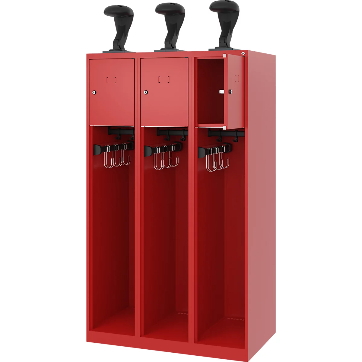 Feuerwehrspind C+P Evolo Youngster, 3 Abteile, mit Helmhalter, Bodengleiter, B 900 x T 500 x H 1530 mm, RAL 3000 Feuerrot