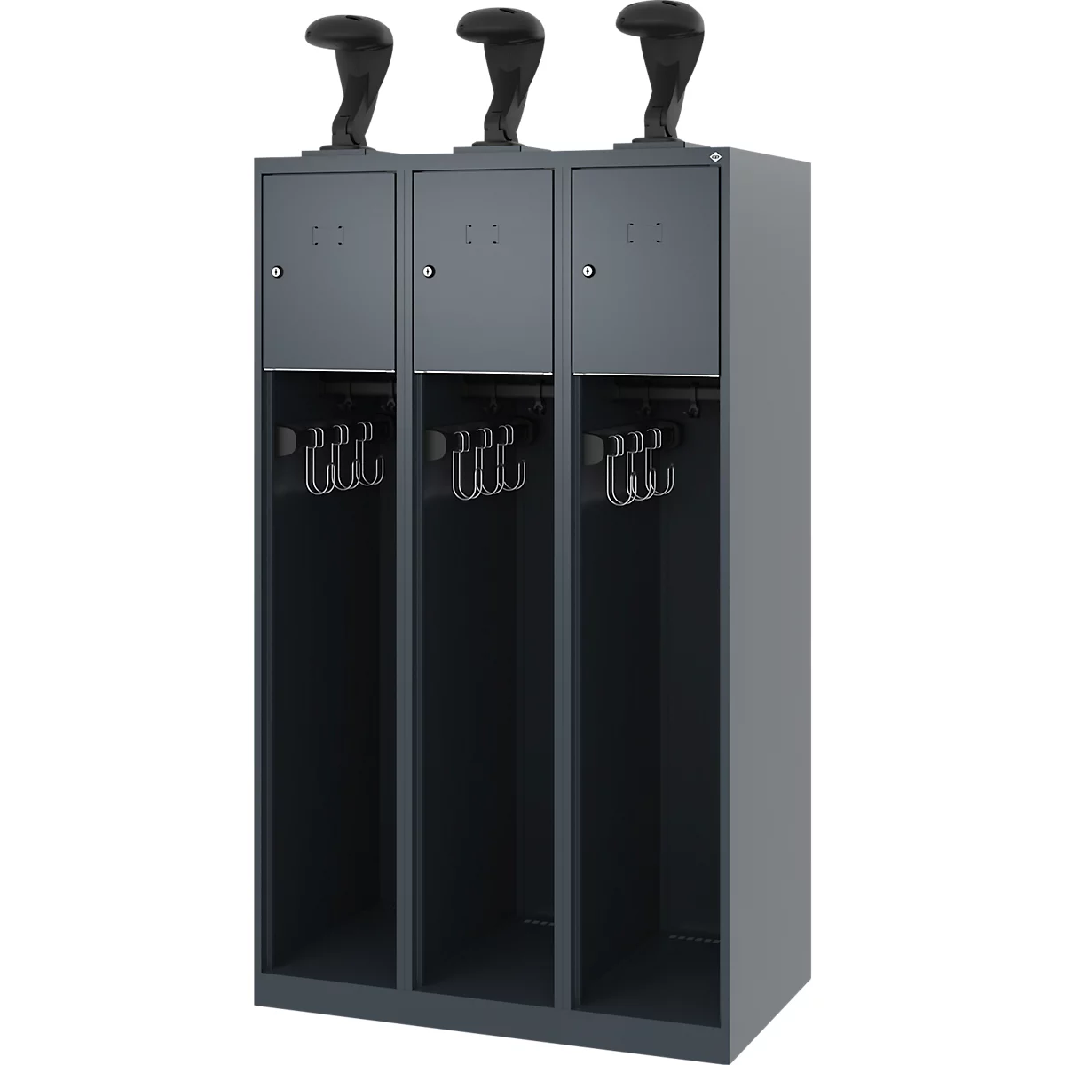 Feuerwehrspind C+P Evolo Youngster, 3 Abteile, mit Helmhalter, Bodengleiter, B 900 x T 500 x H 1530 mm, RAL 7016 Anthrazitgrau