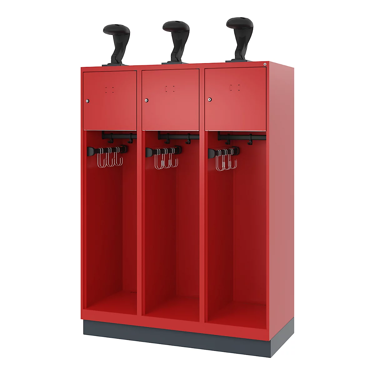 Feuerwehrspind C+P Evolo Youngster, 3 Abteile, mit Helmhalter, mit Sockel, B 1200 x T 500 x H 1630 mm, RAL 3000 Feuerrot/RAL 7016 Anthrazitgrau