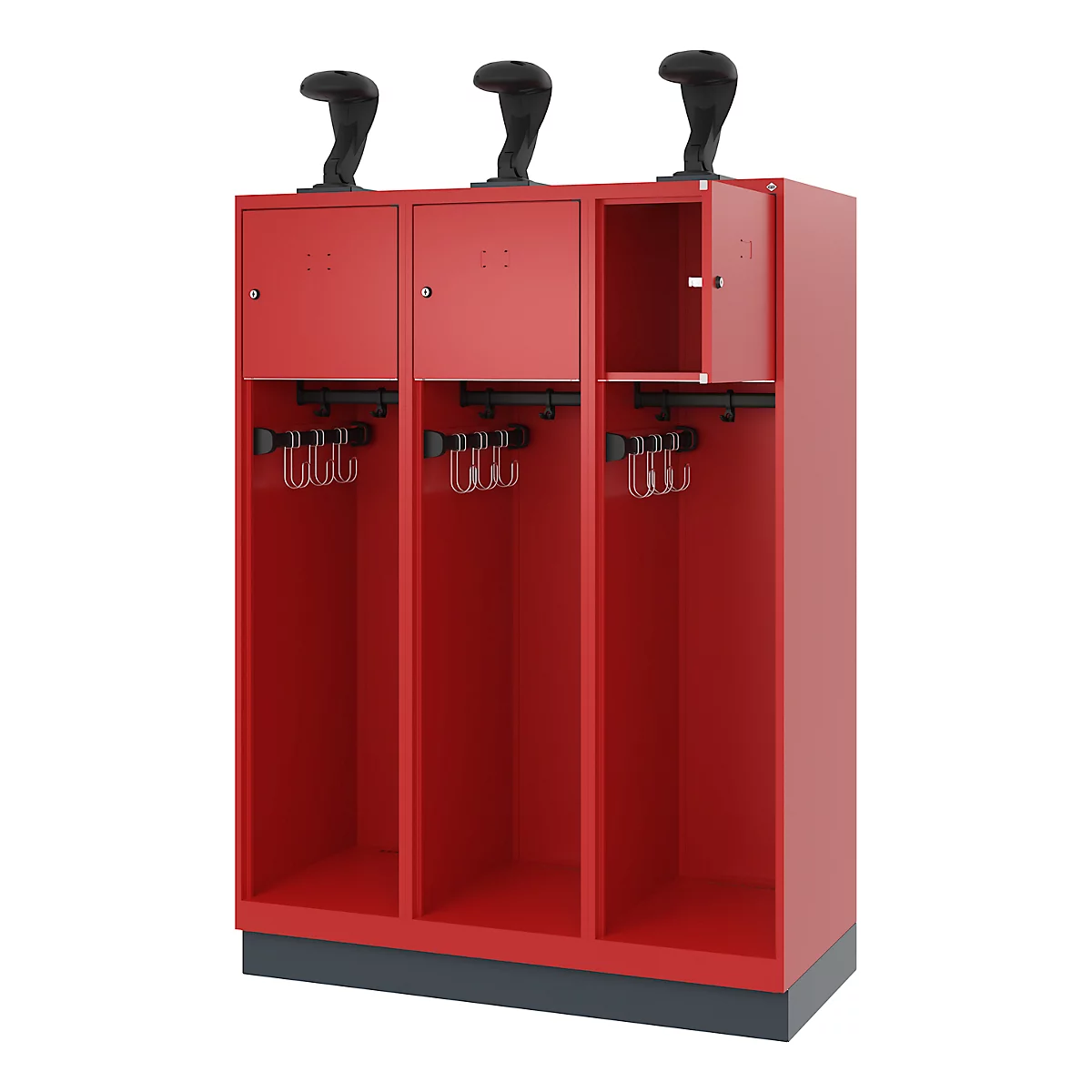 Feuerwehrspind C+P Evolo Youngster, 3 Abteile, mit Helmhalter, mit Sockel, B 1200 x T 500 x H 1630 mm, RAL 3000 Feuerrot/RAL 7016 Anthrazitgrau