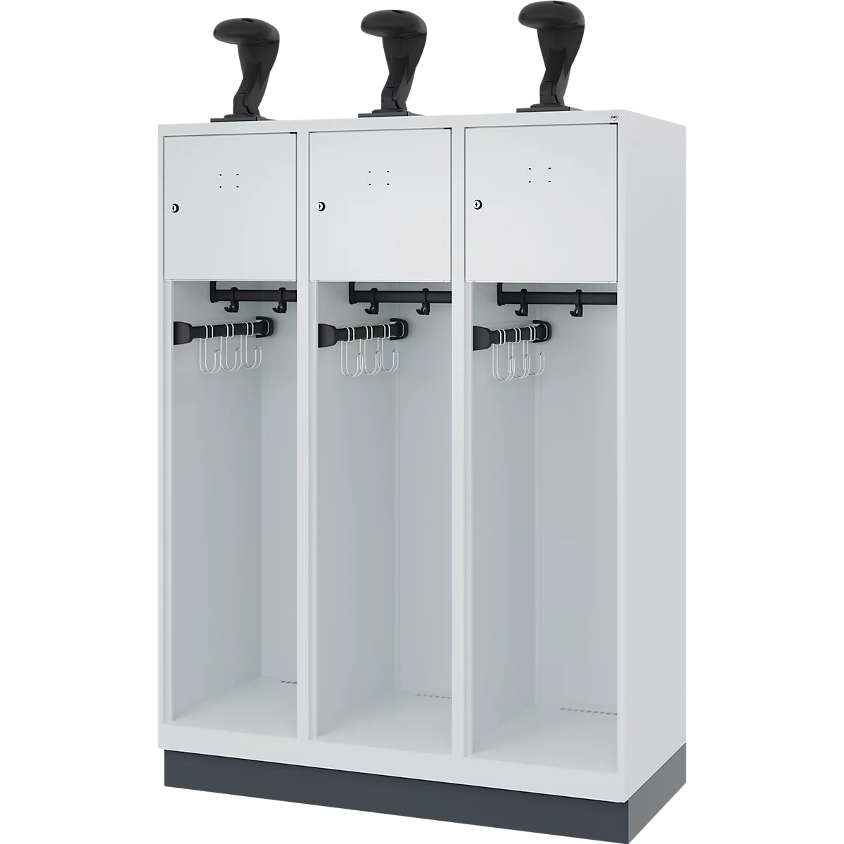 Feuerwehrspind C+P Evolo Youngster, 3 Abteile, mit Helmhalter, mit Sockel, B 1200 x T 500 x H 1630 mm, RAL 7035 Lichtgrau/RAL 7016 Anthrazitgrau