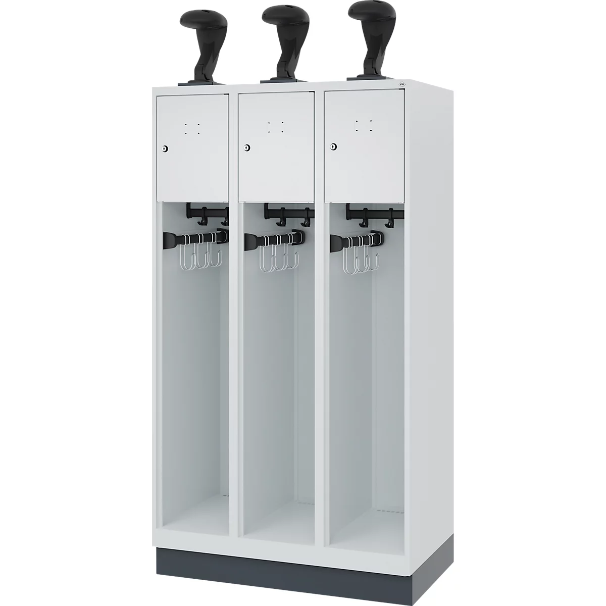 Feuerwehrspind C+P Evolo Youngster, 3 Abteile, mit Helmhalter, mit Sockel, B 900 x T 500 x H 1630 mm, RAL 7035 Lichtgrau/RAL 7016 Anthrazitgrau