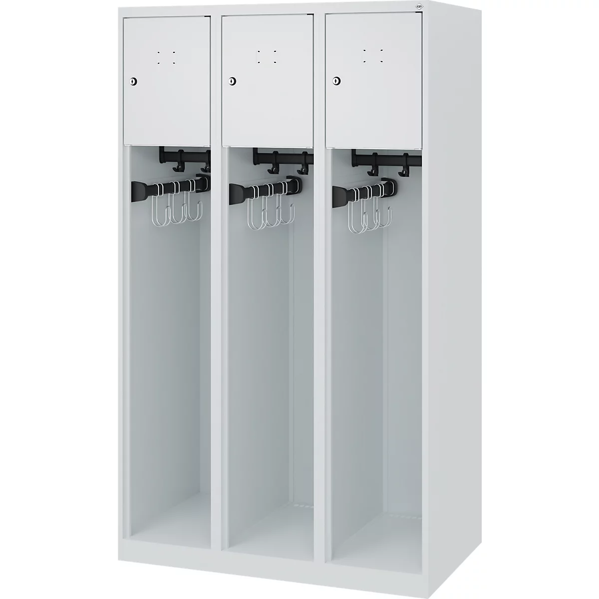 Feuerwehrspind C+P Evolo Youngster, 3 Abteile, ohne Helmhalter, Bodengleiter, B 900 x T 500 x H 1530 mm, RAL 7035 Lichtgrau