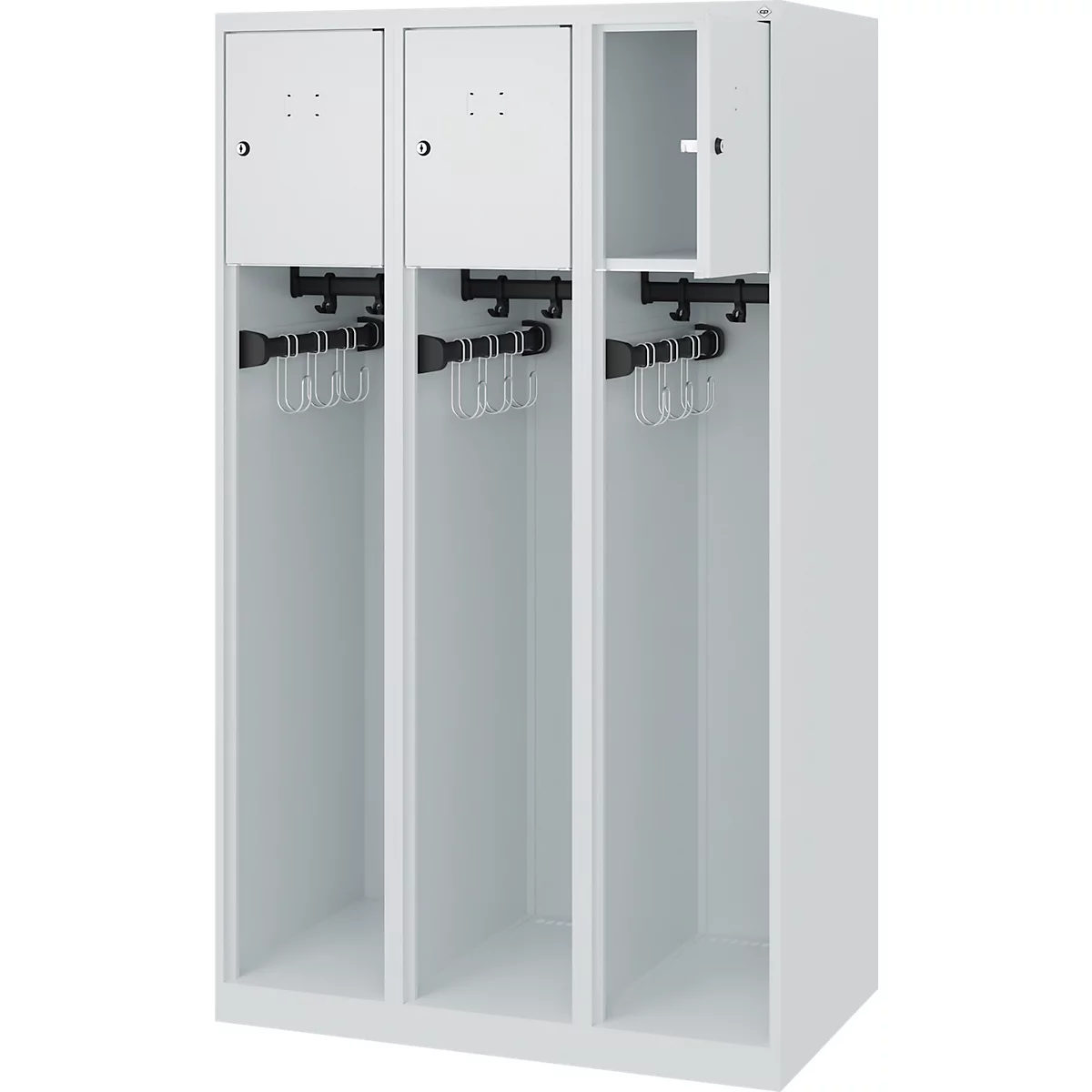 Feuerwehrspind C+P Evolo Youngster, 3 Abteile, ohne Helmhalter, Bodengleiter, B 900 x T 500 x H 1530 mm, RAL 7035 Lichtgrau