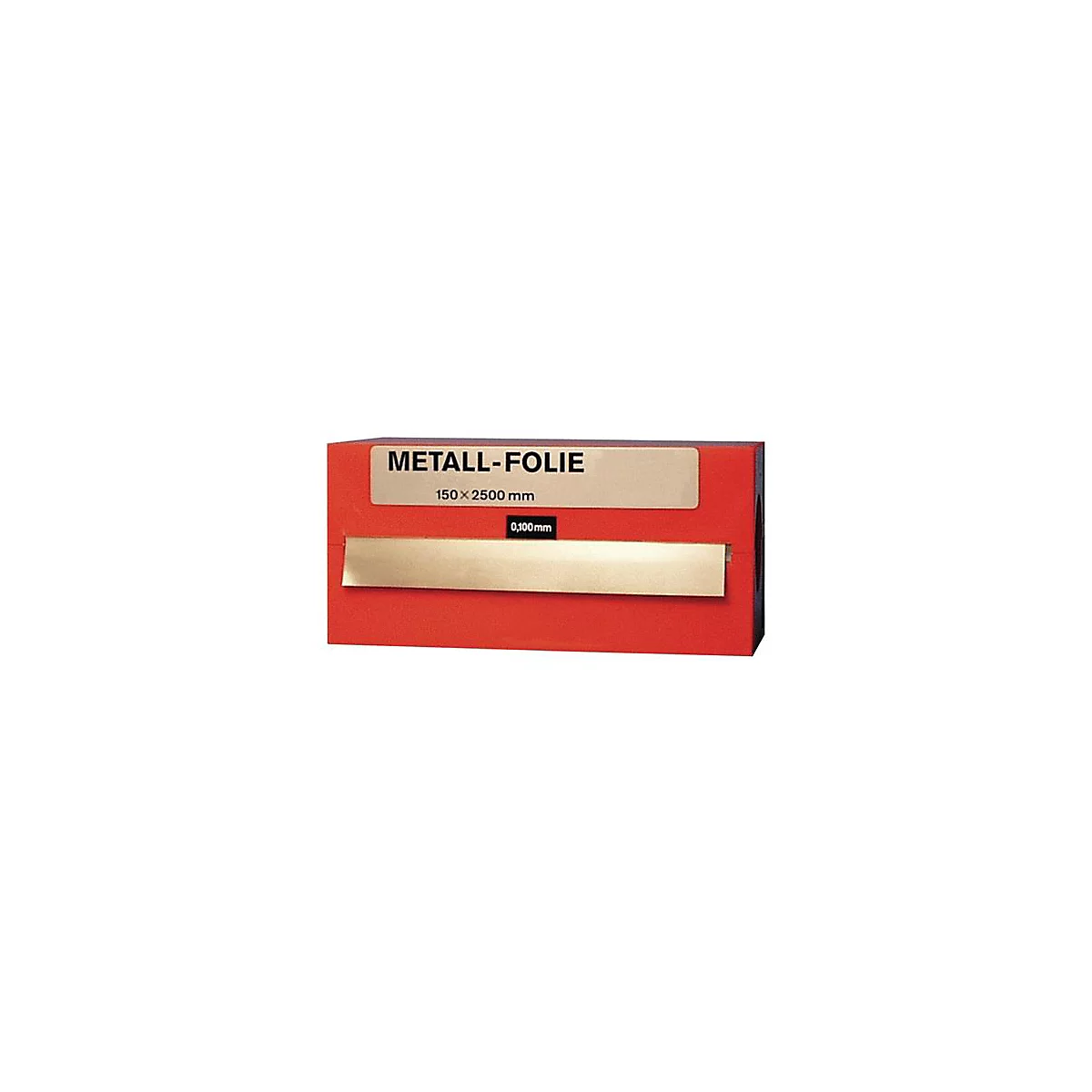 Boîte rouge avec texte "METALL-FOLIE", feuille d'or et dimensions.