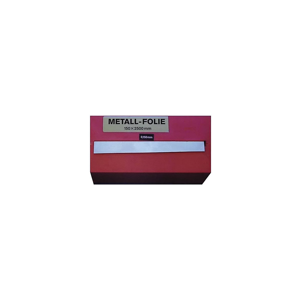 Feuille de métal sur bloc rouge, avec l'inscription : METAL-FOLIE, 150 x 2500 mm et 0,150 mm.