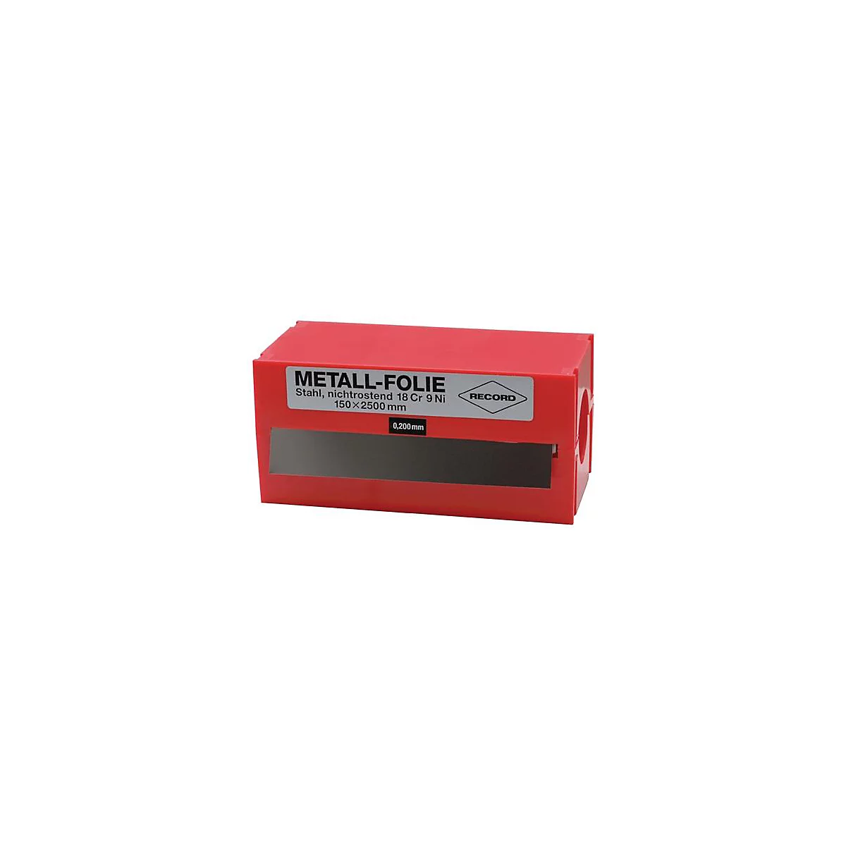Boîte de feuilles de métal rouge avec l'inscription : METALL-FOLIE. En dessous : acier, inoxydable, 18 Cr 9 Ni, 150x2500 mm. Évidement de feuille et 0,200 mm.