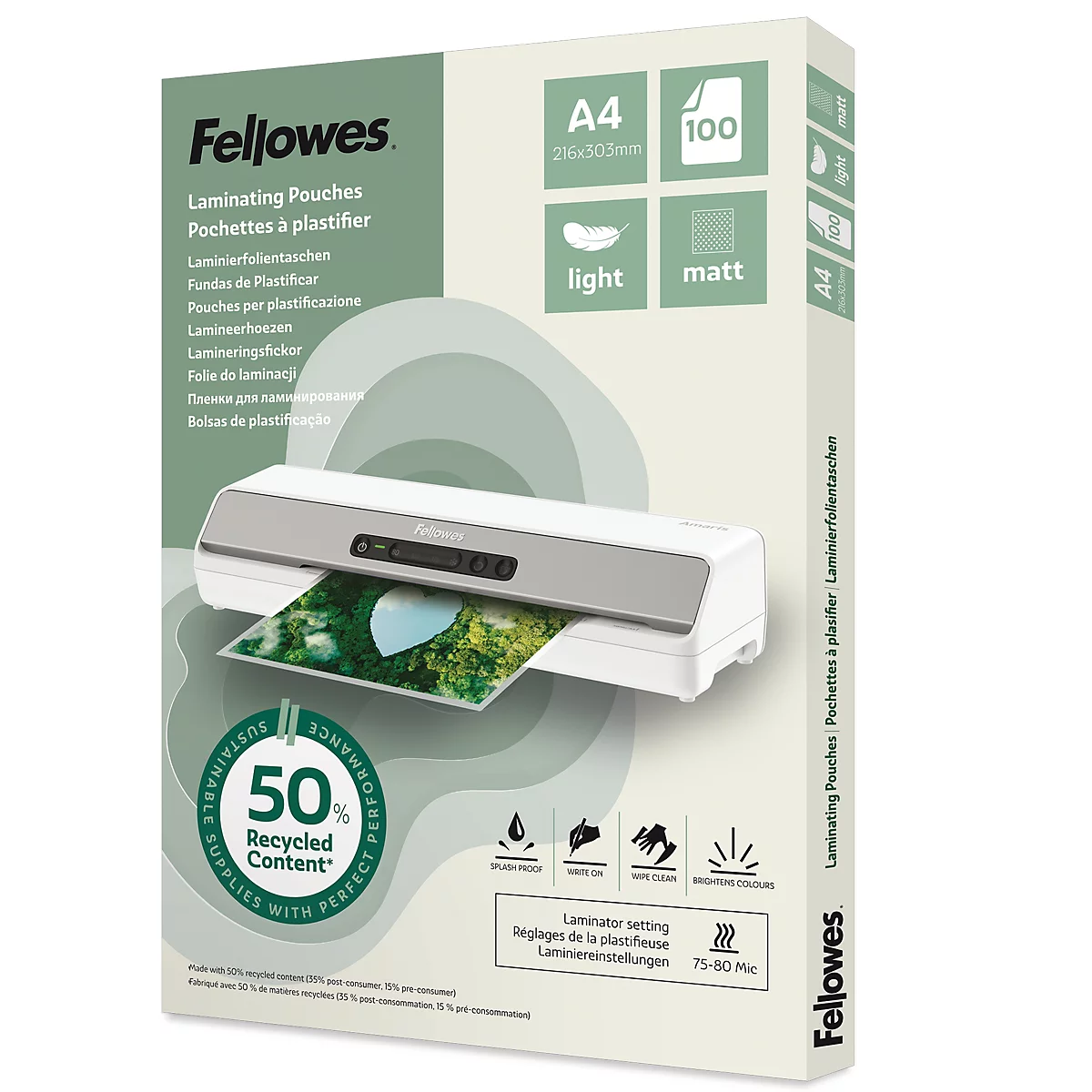 Une pochette de plastification A4 Fellowes, montrant une plastifieuse avec une image sortant, 50% de contenu recyclé.
