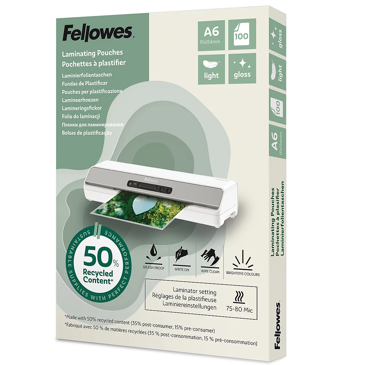 Emballage de pochettes de plastification Fellowes, vert clair et blanc, avec une image d'une plastifieuse et du texte.